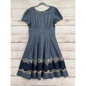 eShakti Custom Chambray Embroidered A-Line Dress Women's Size Small Blue